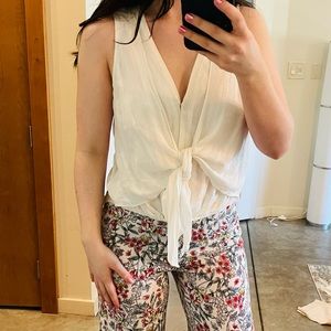 For Good white tie front blouse sleeveless micro lace ribbed size small